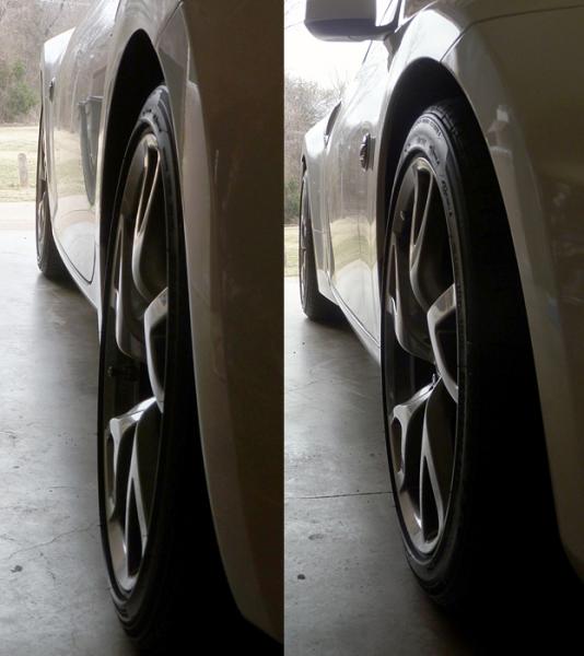 Before and after.  Z1 15mm spacers front and rear.  While the orientation of the car is different, it's definitely a noticeable improvement.