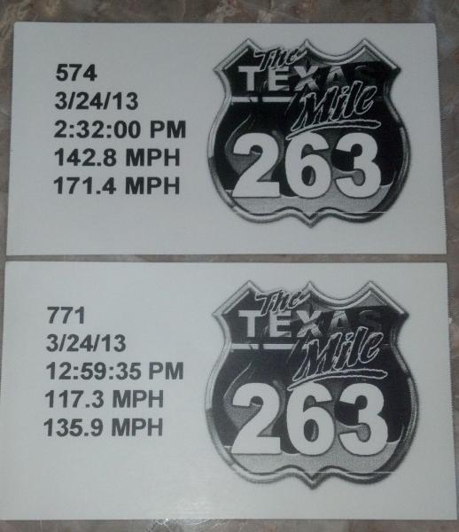 Speed slips from the Spring 2013 Texas Mile; 171 for the Corvette, 135.9 for the MINI.  And we drove there (from St. Louis).  Both cars completely stock.