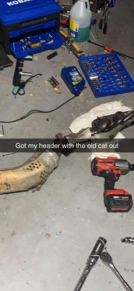 Pulled my stock exhaust manifold for the first time so I could drill through stripped bolt holding my stock cats to the manifold. Did that in order to install ISR HFC