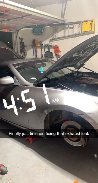 Spent 5 hours pulling off my entire exhaust so I could remove stripped bolt holding my manifold to my stock cats and fixing exhaust leak in my cats