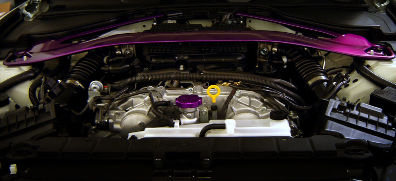 Overall shot of the engine bay with violet accents. Powder coating done by Shawn @ Unknown Coatings. Radiator cap cover is made by COMPLX.