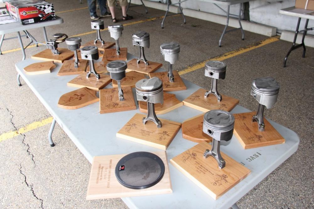 Trophies! Laser engraved Cherry wood with connecting rods and pistons bolted to them... cool huh?