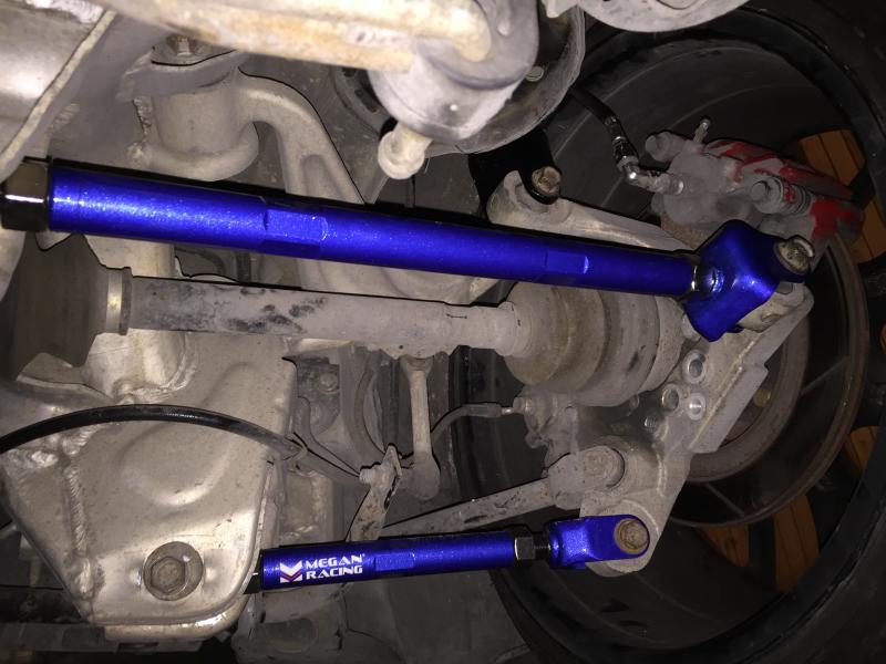 Megan Racing camber arms| Megan Racing rear control arms | [Not installed in this picture, but currently installed on car] Megan Racing traction arms|